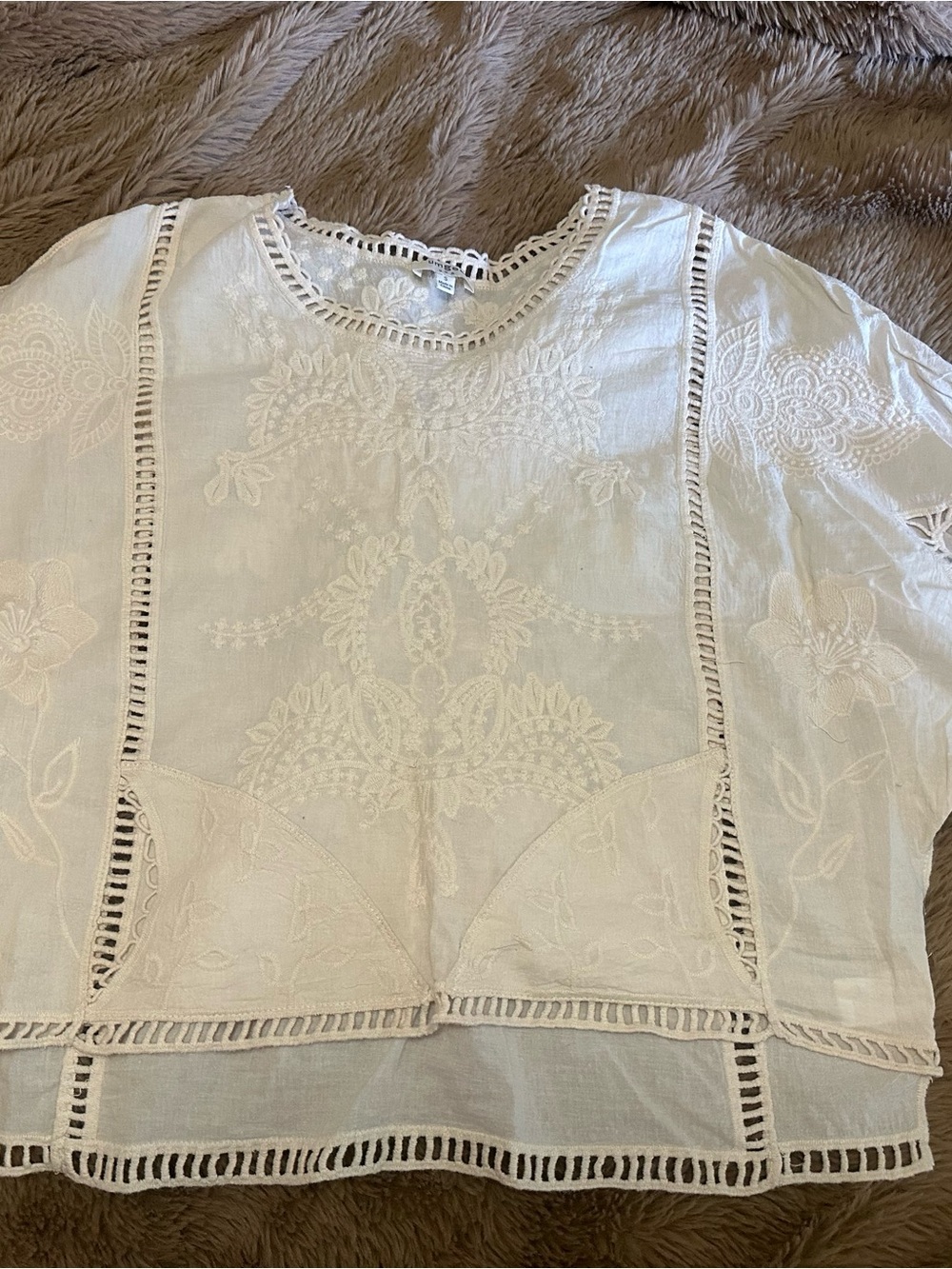Umgee Cream Embroidered Lace Panel Boho Top